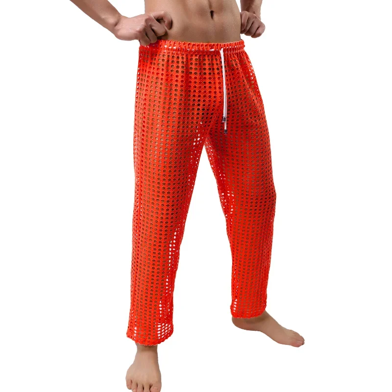 Mens Hollow Out Loose Trousers Mesh Fishnet Long Pants Transparent Sexy Male Pajamas Sleep Bottoms Long Johns Leggings Sleepwear