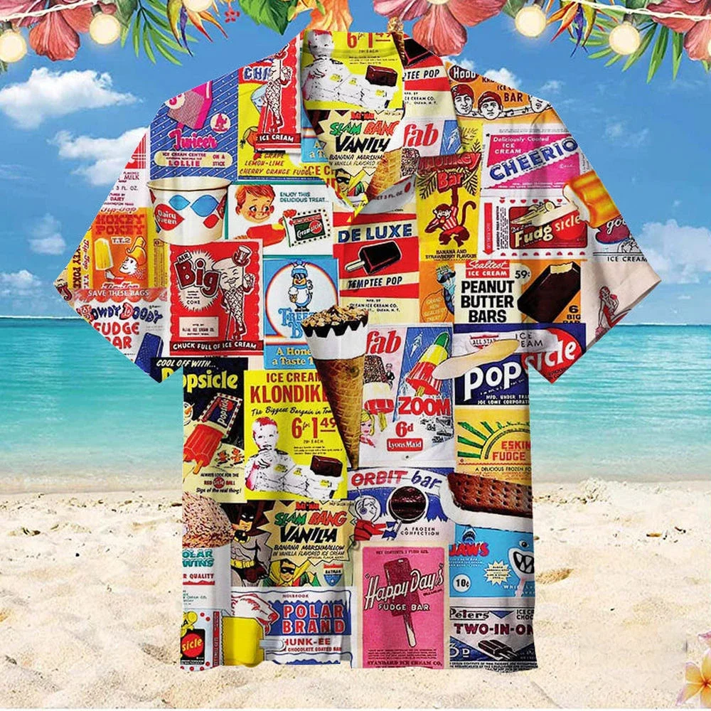 Camisa de manga curta com estampa havaiana de sorvete masculina, tops casuais, design original, roupas masculinas, verão, 2022