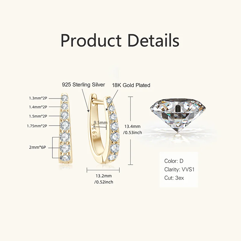 RAPRGOLD Certified Round Moissanite Hoop Earrings for Women S925 Sterling Silver U-shaped Earring Girl\'s Jewelry Gifts oorbellen