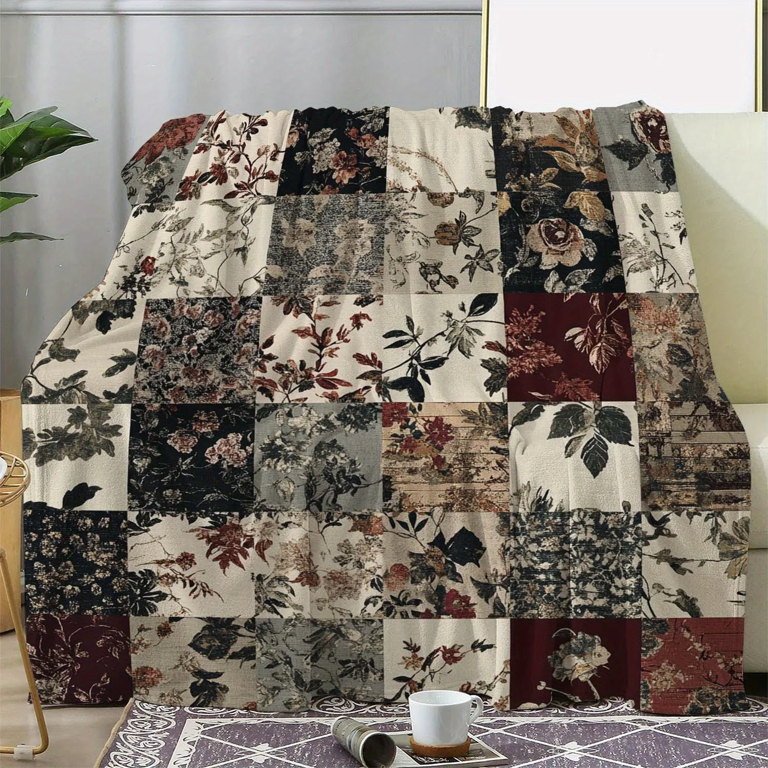 Vintage Floral Patchwork Throw Blanket Cozy Decorative Throw for Sofa Bedding Boho Home Decor