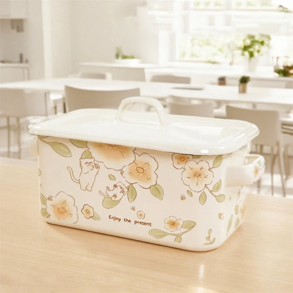 Thickened Enamel Storage Box Rectangular Sealed Fresh-Keeping Bread Storage Box Kitchen Accessories Cartoon Cat Double Ear Box