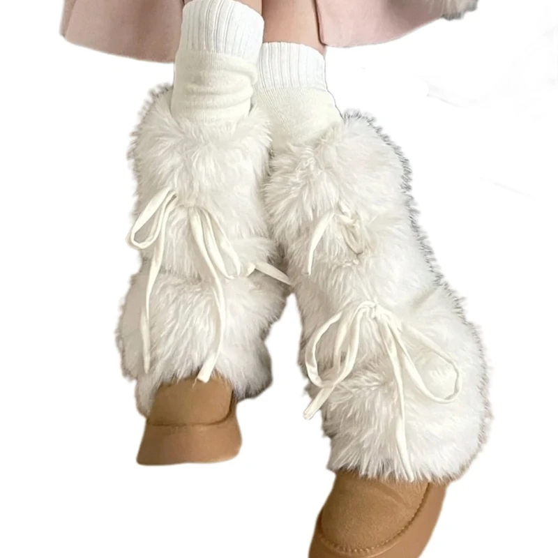 E15E femmes hiver fourrure blanc jambières bas Harajuku Vintage chaud Leggings bottes manchettes doux nœud floue