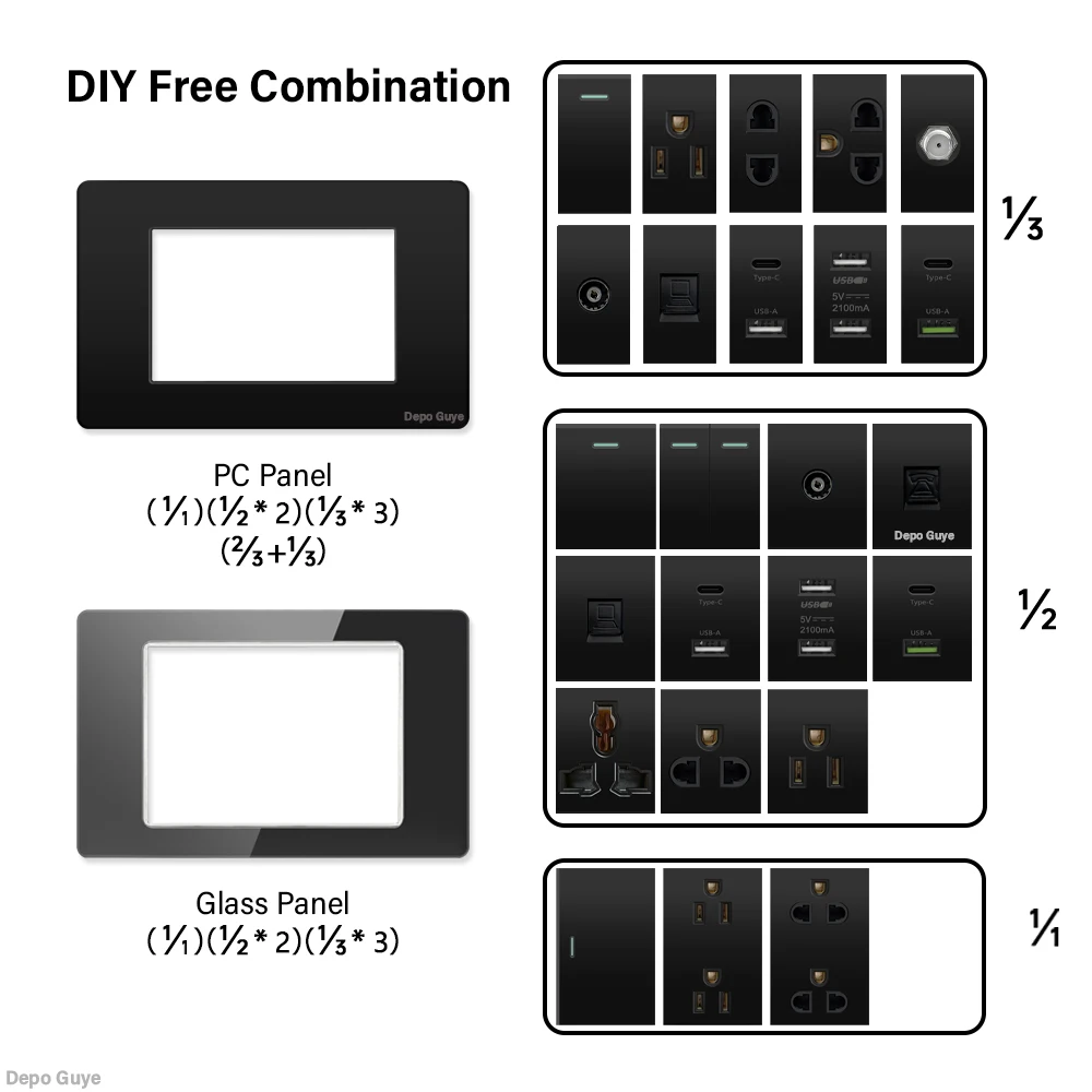 US Mexico Wall Plug Socket Plastic/Glass Frame Panel Black USB TYPE-C 10W/20W Charge TV Satellite Rj45 TEL Wall Light Switch DIY