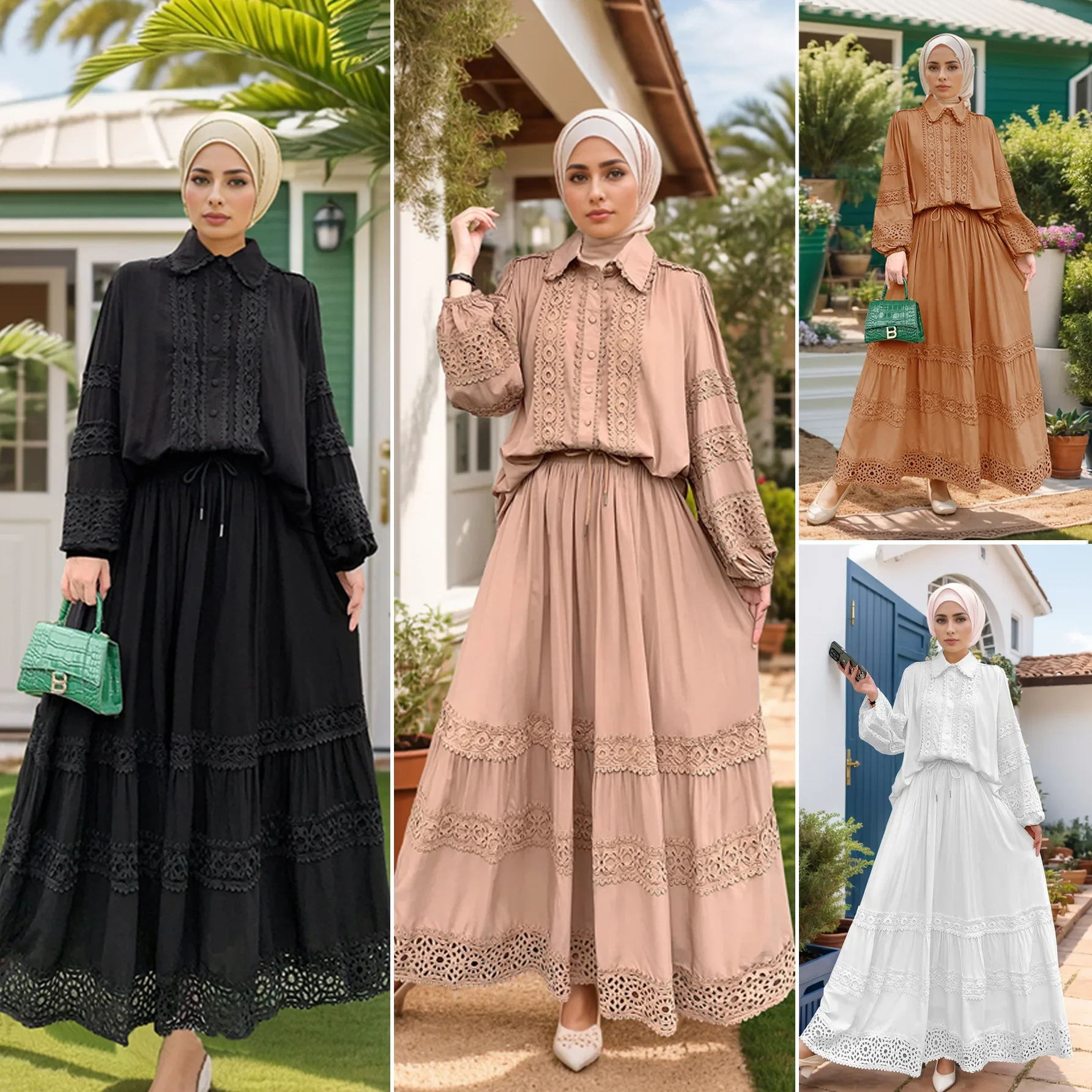 Muslimische Frauen Rock-Sets Bluse 2-teiliger Anzug Hemden Spitze aushöhlen Einreiher Marokko Dubai Ensemble Lange Röcke Outfits