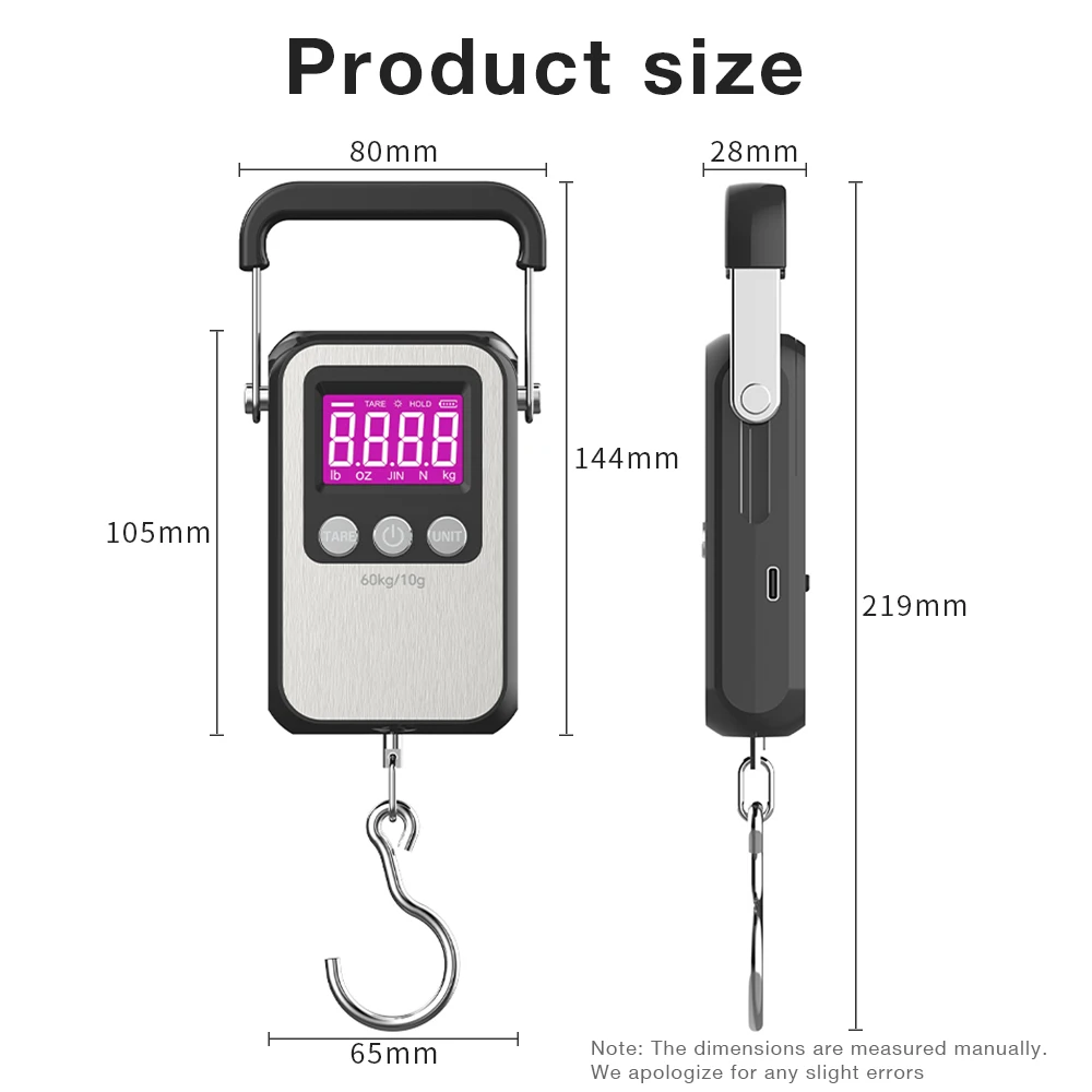 เครื่องชั่งน้ําหนักสแตนเลสแบบใช้มือถือ 60Kg/10g เครื่องชั่งน้ําหนักดิจิตอลแบบพกพา LCD แบบชาร์จไฟได้ ตกปลา กระเป๋าเดินทาง เครื่องชั่งแบบแขวน
