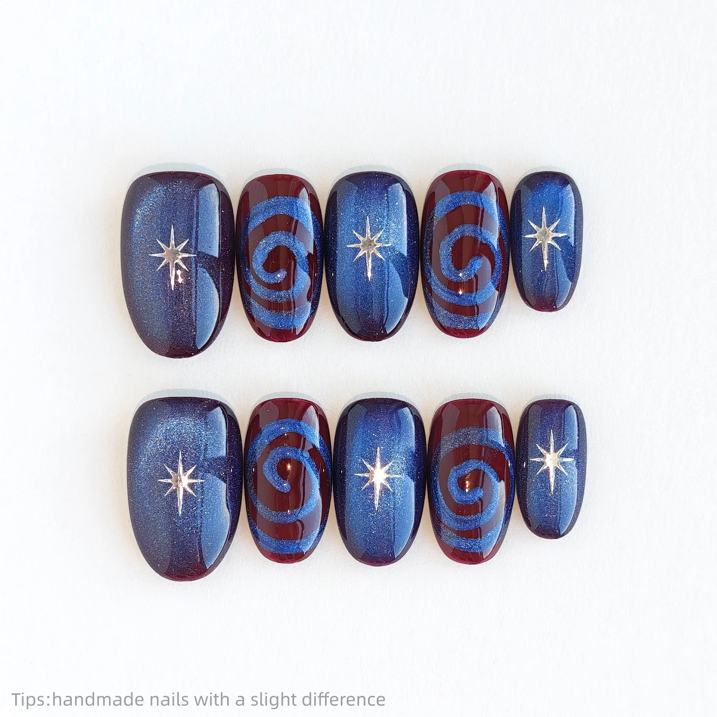 10pcs Handmade Blue Purple Star Swirl Press on Nails Short oval Wearable Reusable Shiny INS False Nails 2026
