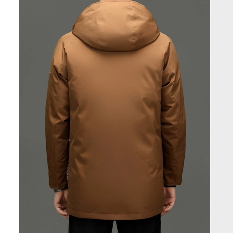 Classic 2025 Winter Men's Mid-Length Hooded White Duck Down Jacket Outdoor Windproof Wear Warm Hooded Puffer Coat Thick Clothing