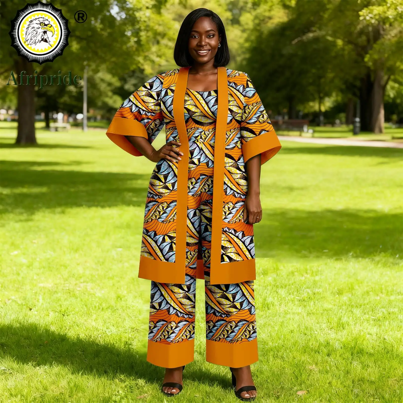 African Clothes for Women Half Sleeve Open Front Long Shirts and Jumpsuits 2 Piece Set Print Outfits Ankara Attire 2626001