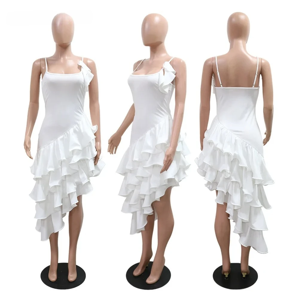 BWQ 여성 캐스 케이 딩 프릴 높은 분할 불규칙 드레스 2025 여름 생일 휴일 나이트 클럽 파티 Vestidos 섹시한 드레스