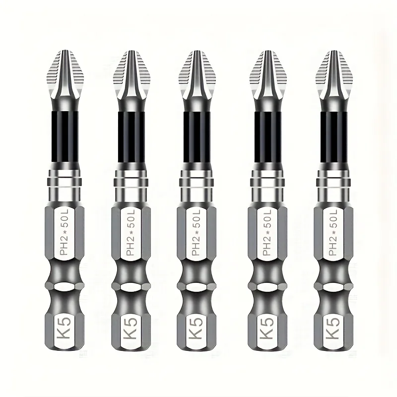 5pcs 50mm PH2 Anti-Slip Screwdriver Bits, S2 Steel, Magnetic Single-End Head, 1/4