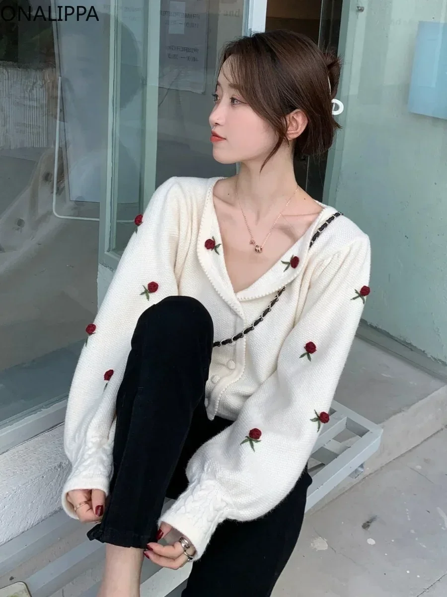 Onalippa Three Dimensional Flowers Cropped Cardigan Gentle Wind Notched Collar Knitted Cardigans Korean Single Breasted Sweater