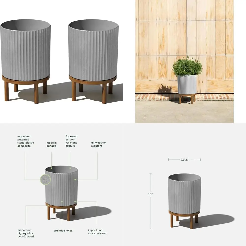 

Durable Plastic-Stone Composite Planter with Wooden Stand for Outdoor Porch and Patio, Modern Decorative for Terrace Areas
