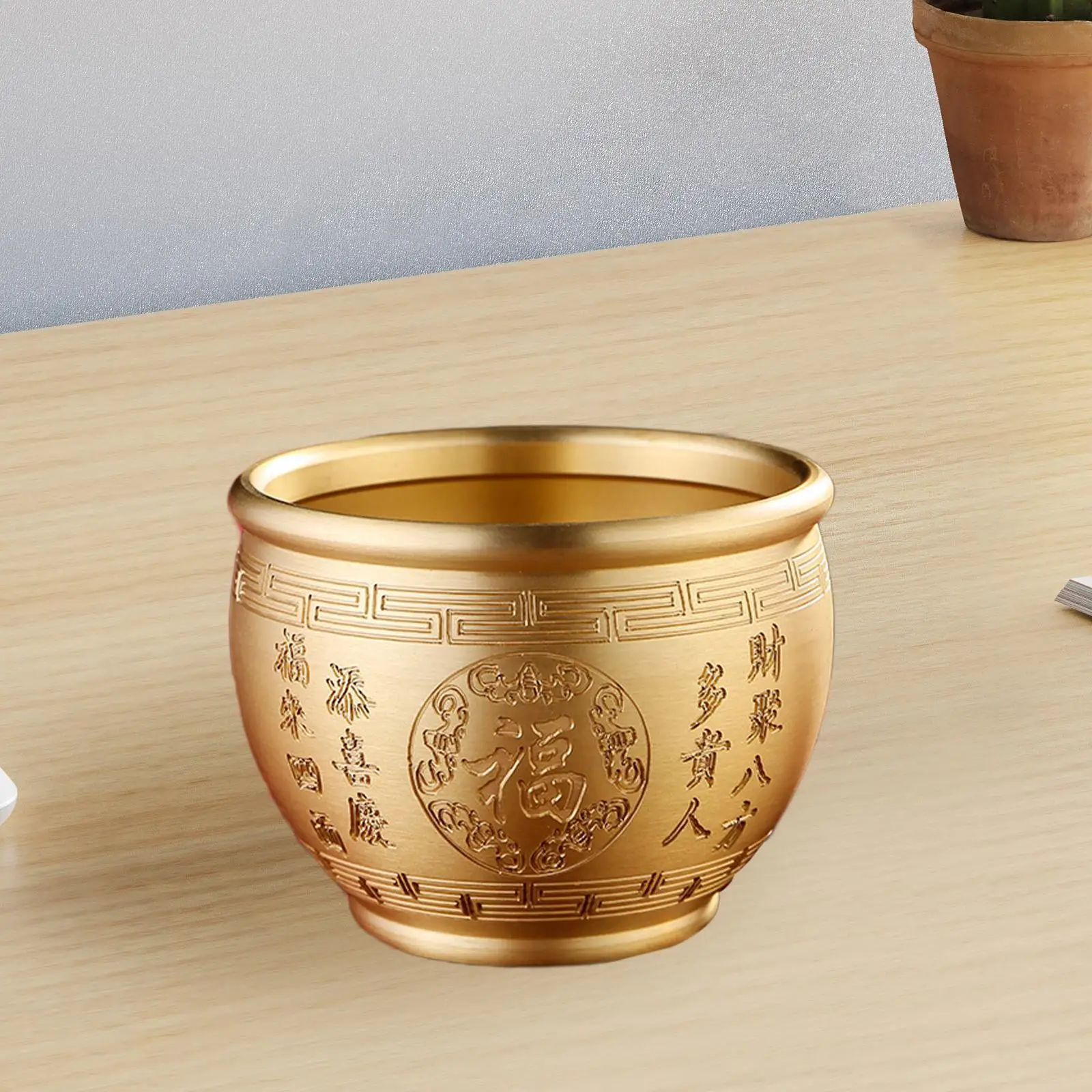 Golden Chinese Treasure Bowl Brass Decorative Feng Shui Money Bowl with Blessing Characters Cornucopia Design for Spring