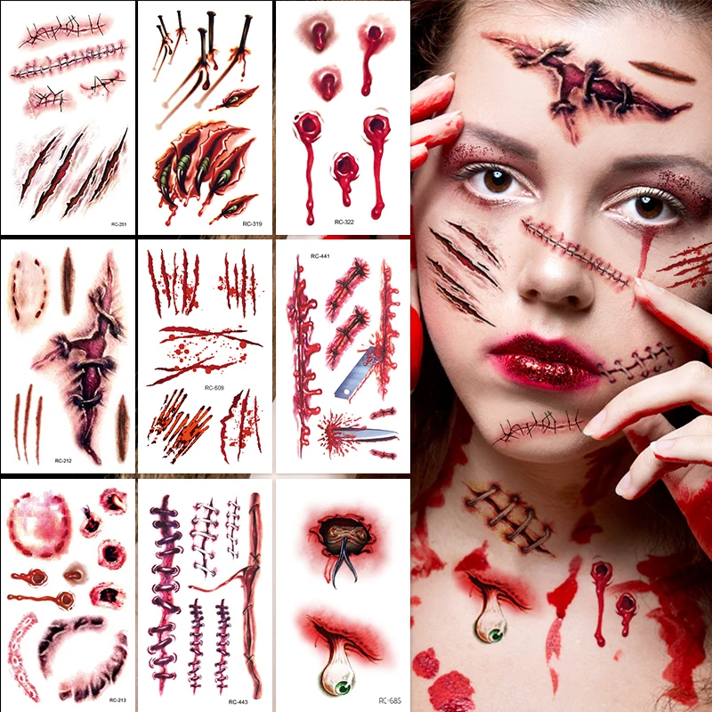 

10pcs Halloween 3D Fake Scar Temporary Tattoos Sticker Bloody Wound Zombie Designs Face Body Party Prank Cosplay​ Tattoo Sticker