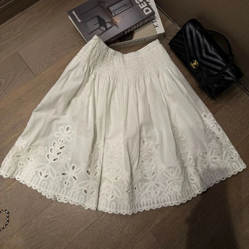 Korean Style Fashion Vintage Elegant Cutout Embroidered White A-Line Midi Skirt Summer Sweet Kawaii Ruffle Mini Skirts for Women