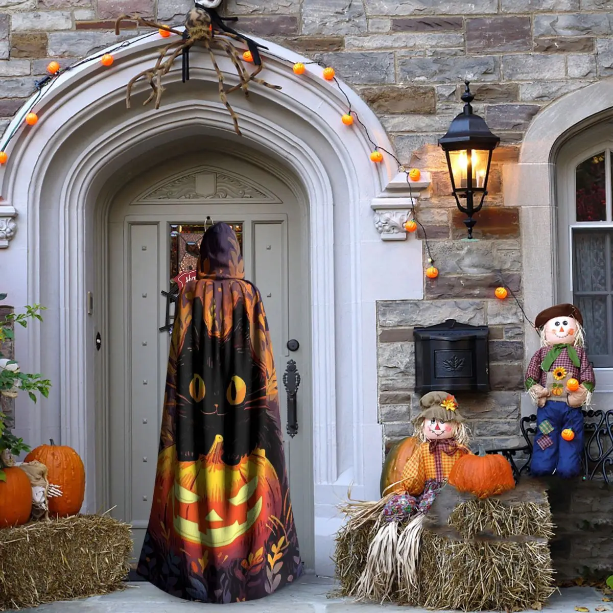 Capa larga con capucha de gatos negros y calabaza para Halloween, disfraz Medieval de bruja, capa de Cosplay, vampiro de Halloween, adulto, Unisex