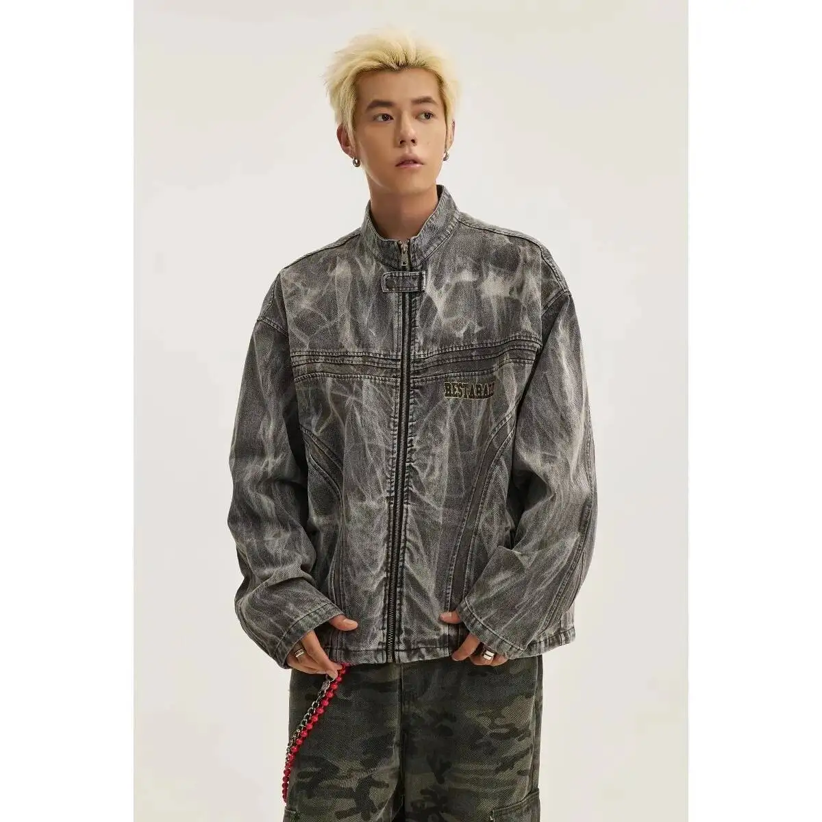

Man Denim Jacket Retro High Street Distressed Graffiti Print Denim Jacket Men's Spring Autumn Loose Coat With Destructed Details