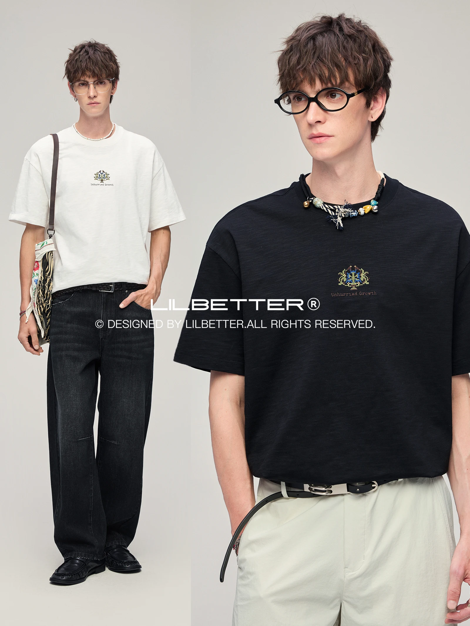 Lilbetter Cross Stitched Bamboo Rayon Cotton T-Shirt Lightweight Breathable Short Sleeve Fashionable Urban Style for Youth