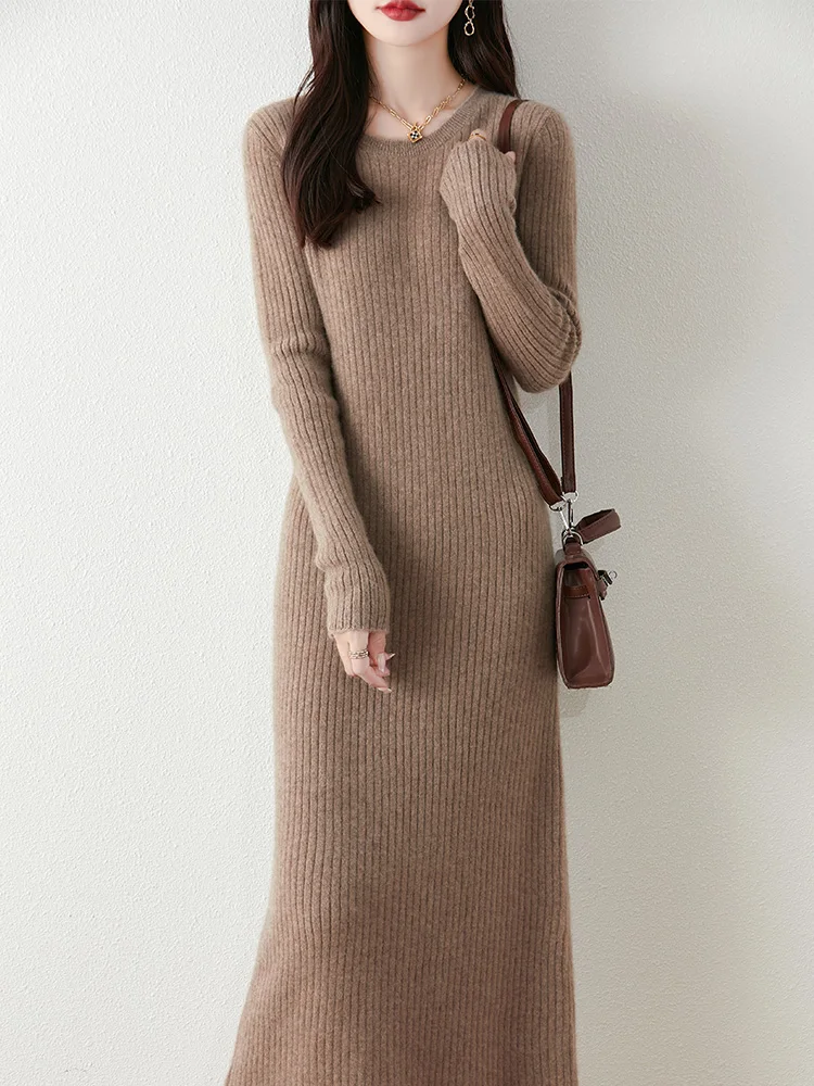 

Women's 100% Wool Dress, Round Neck, Intellectual, Elegant, Slim Fit, Casual, Fashionable, Autumn/Winter 2024, Clothing