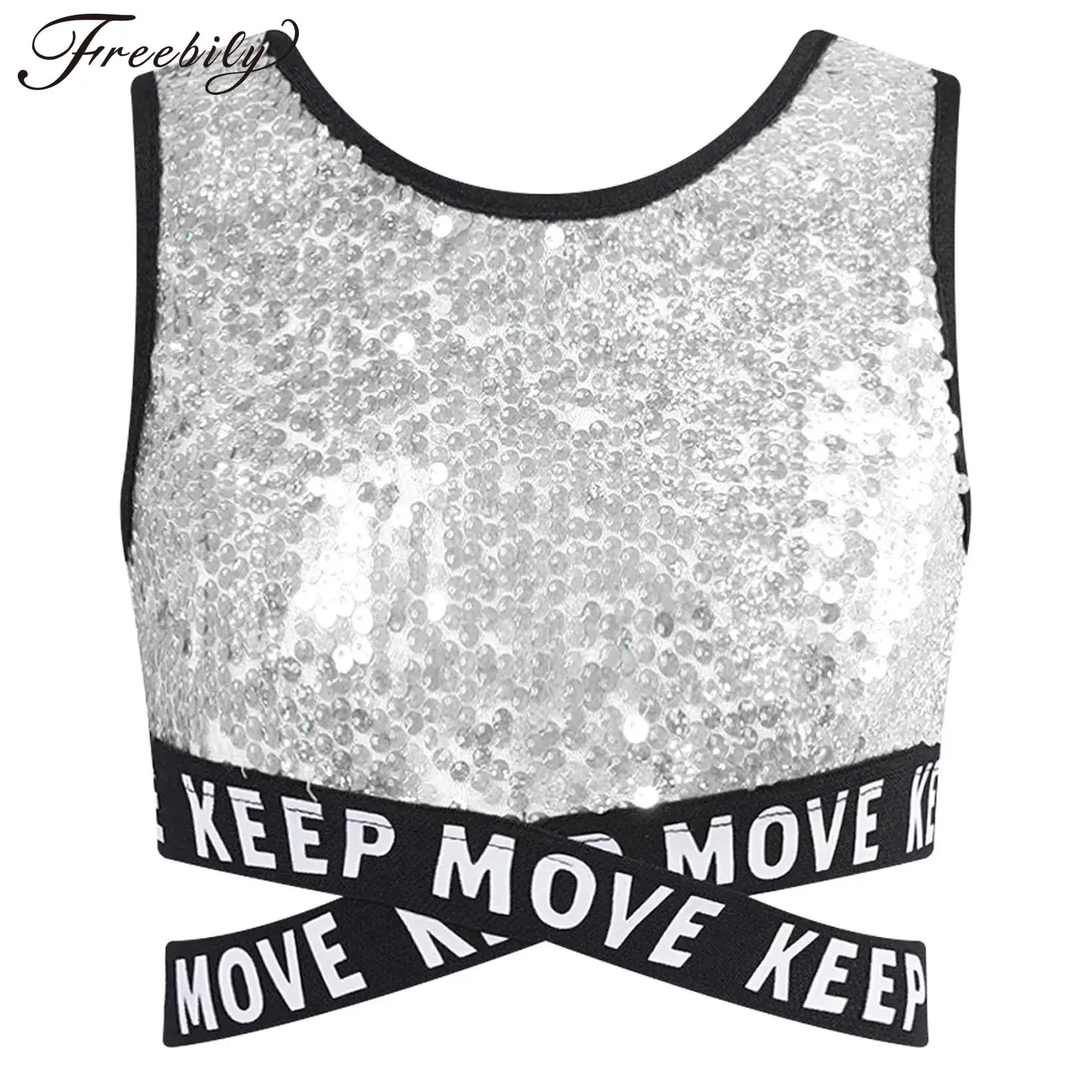 

Kids Girls Jazz Dance Costume Cheerleading Sequin Tank Tops Teens Fashion Children Crop Top for Rave Streetwear Hip-hop Clothes