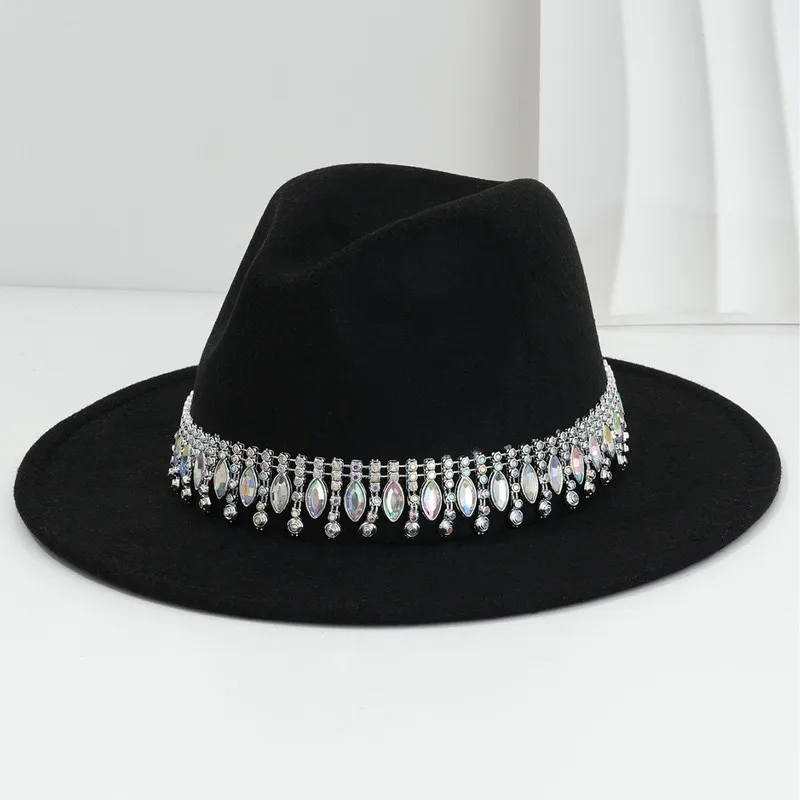 Ladies' unisex elegant felt top , sunshade jazz hat, three-dimensional round design with gemstone and rhinestone embellishmen