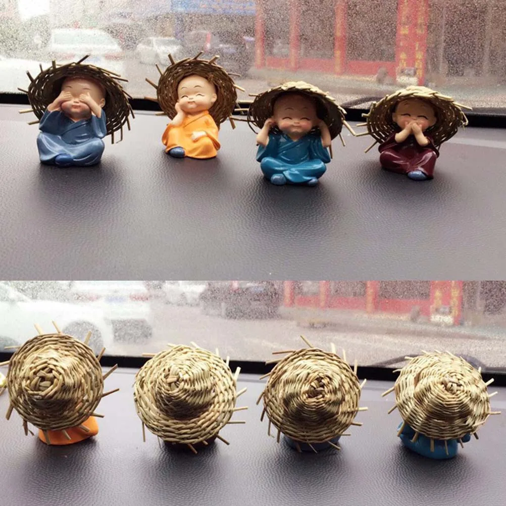 

4Pcs Monk Car Dashboard Ornaments Cute Straw Hat Design Desktop Office Tabletop Decorations Car Accessories Monk