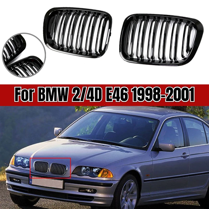 A pair For BMW 3-Series E46 1998-2001 2/4 Doors Car Front Kidney Grill 318i 320i 325i 330i Gloss Black Racing Grille Accessories