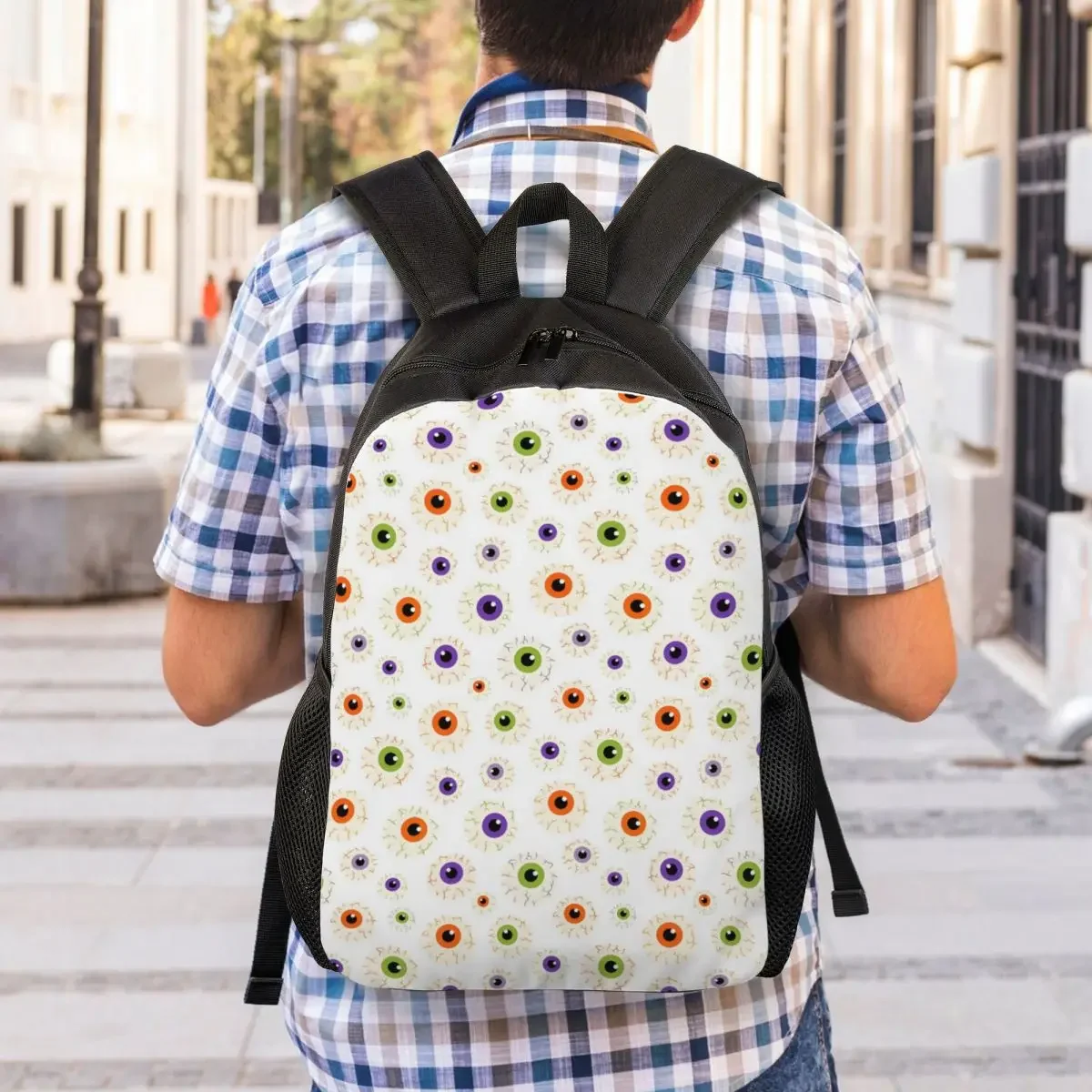 Custom Creepy Eyeballs White Laptop Backpack Women Men Fashion Bookbag for College School Student Halloween Party Hollow Bag
