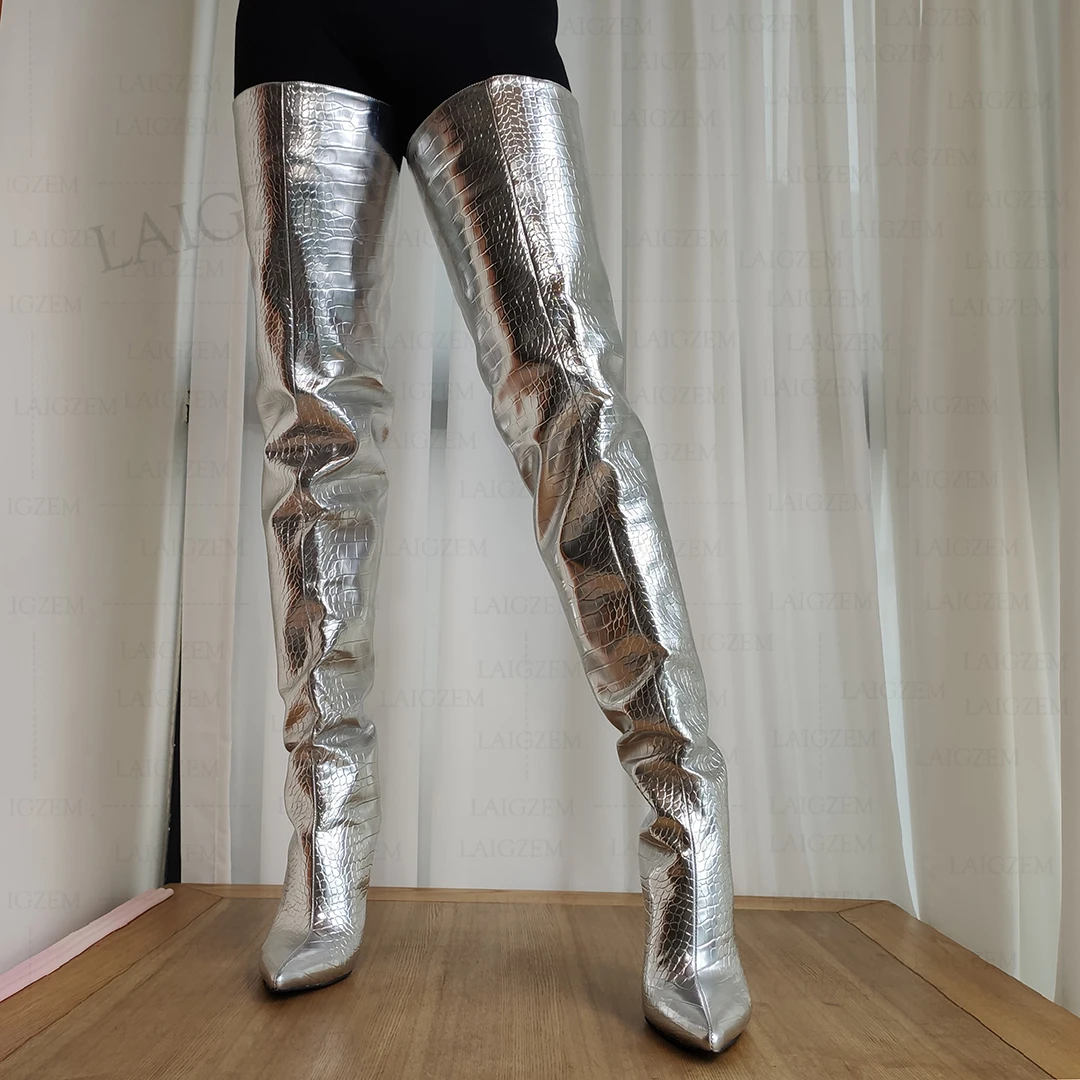 LAIGZEM Women Thigh High Boots Back Zip Up Stiletto High Heels Boots Crocodile Print Shoes Woman Botines Mujer Big Size 38 45 47