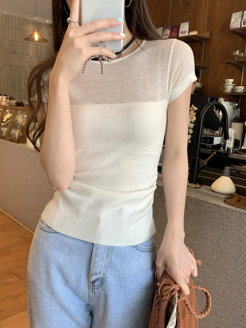 

Женский трикотажный свитер Kumikumi в корейском стиле с круглым вырезом, коротким рукавом, облегающий, дышащий, мягкий, весенний топ