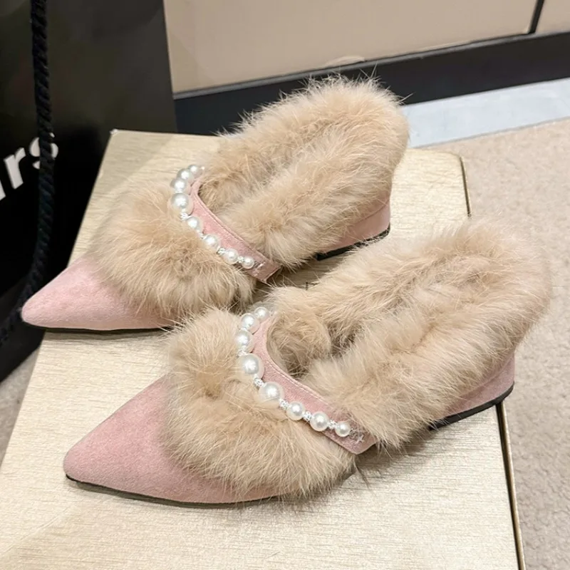 Bead Fur Pointed Toe Suede Women Shoes Chunky Marie Janes Mid Heels Elegant Shoes 2025 Trend Winter Plush Pumps Zapatos Mujer