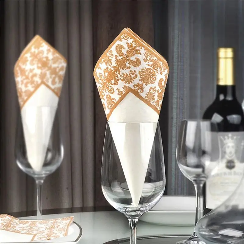 300Pcs Gold Printing Disposable Napkin Tissue Paper Printed Napkins For Restaurant And Hotel (Golden + White)-B61B