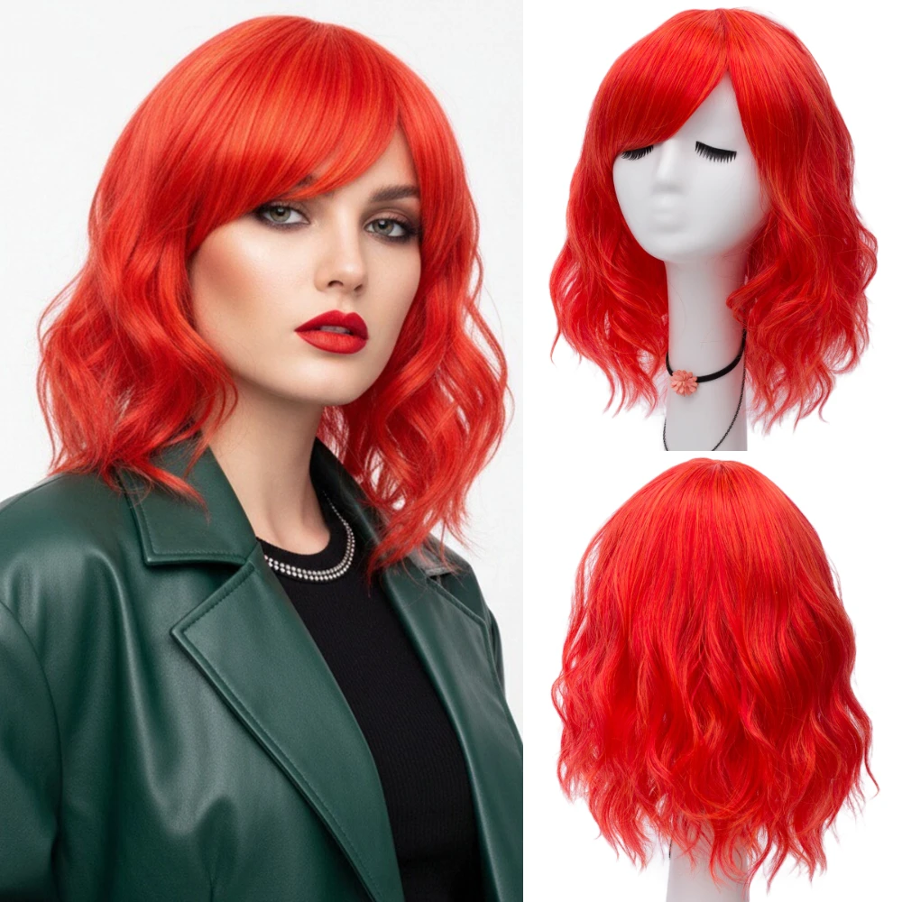 Women Short Orange Body Wave Wig With Side Bang Soft Synthetic Heat Resistant Cosplay Daily Wig