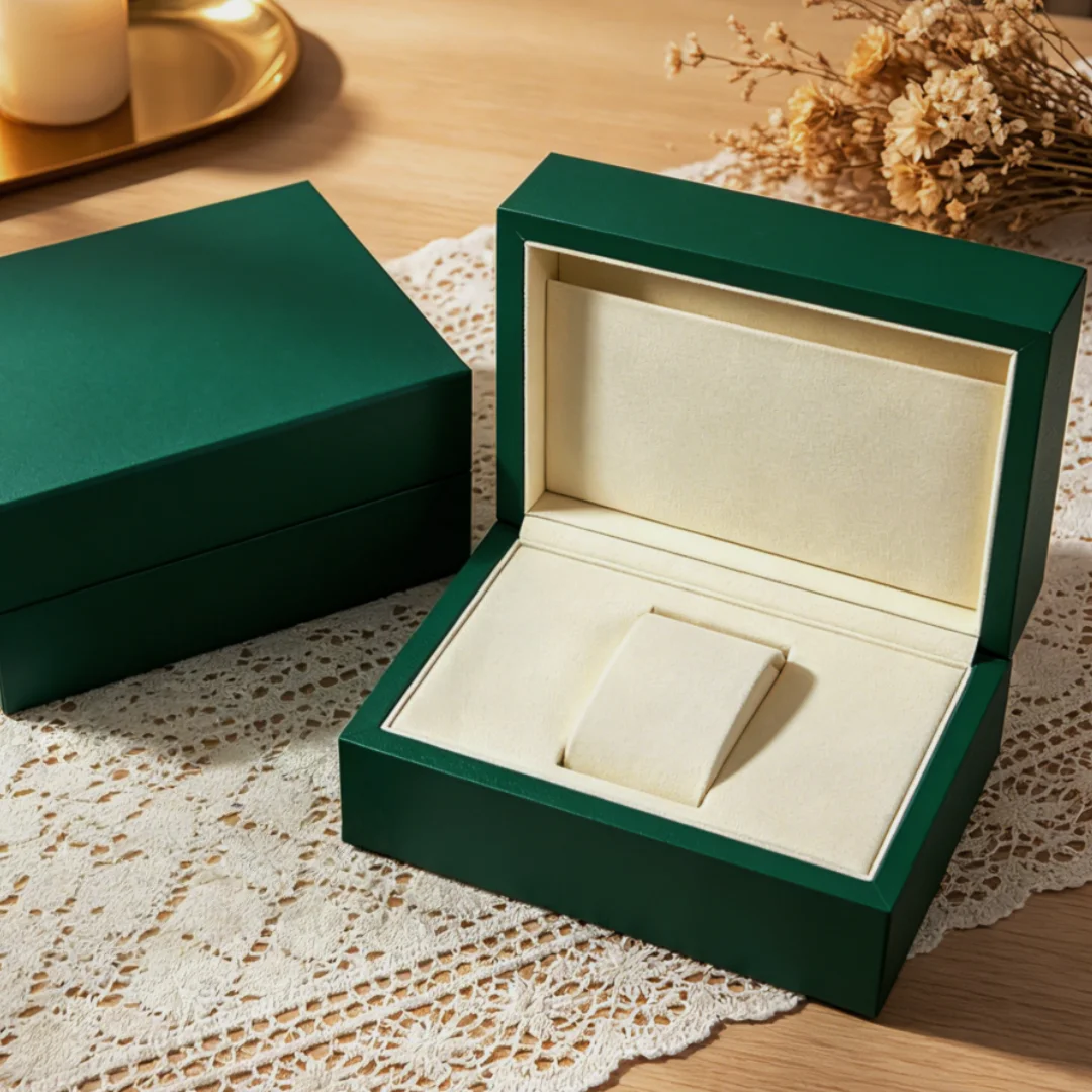 

New Green Wooden Single Watch Display Case Bracelet Storage Organiser Box for Valentine Day Birthday Microfiber flannel No Logo