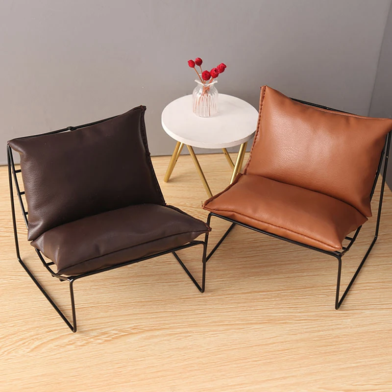 Dollhouse Miniature Iron Sofa Chair Leather Cushion Back Chair Furniture Model Dolls Living Room Scene Model Decor Toy