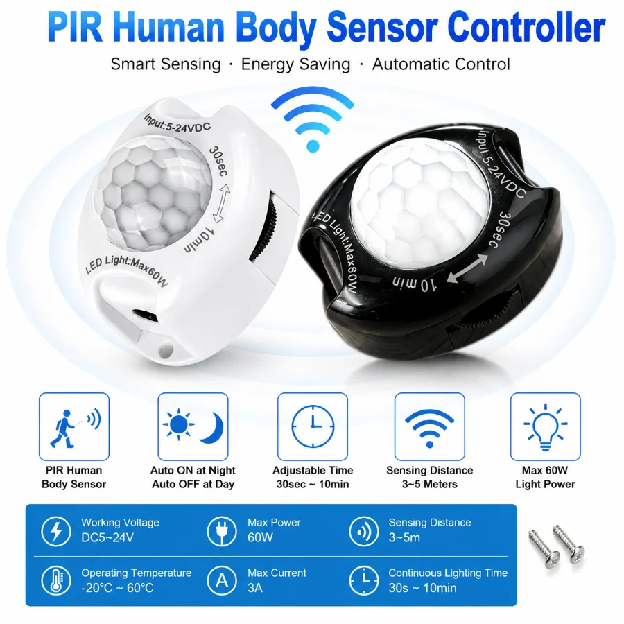 Sensor de Movimiento PIR Altamente Sensible de 30s~10min, Ajustable, DC5~24V, Interruptor con Sensor Infrarrojo y Retardo de Tiempo para Tiras LED (2~1 Unidades)