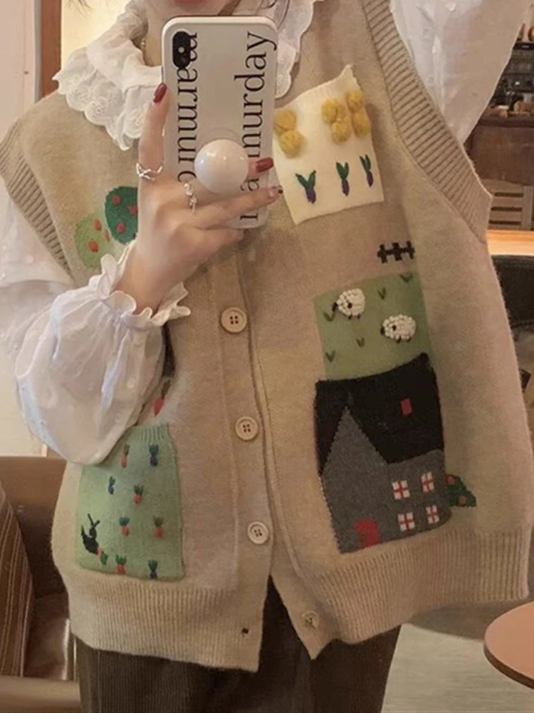 

Korobov Japanese Spring/Autumn O Neck Single Breasted Patchwork Pockets Knitted Sleeveless Vests