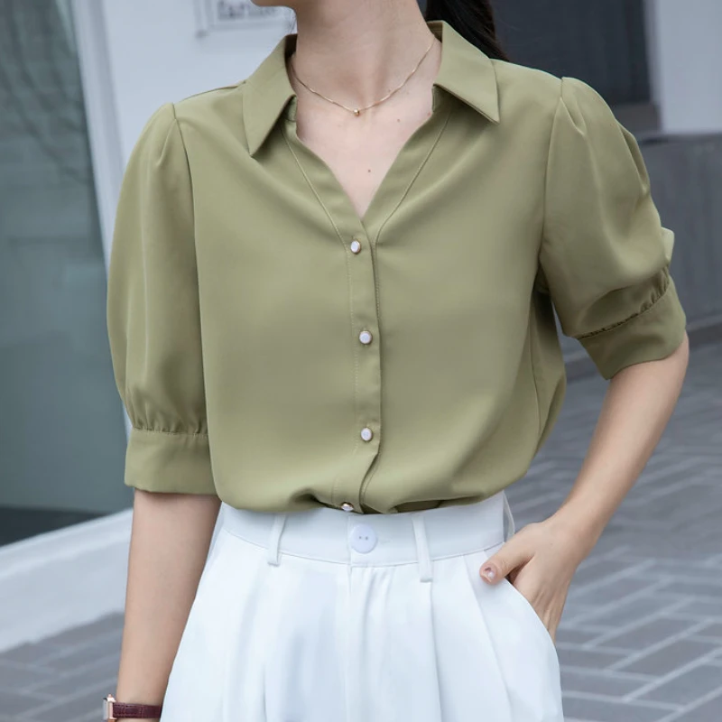 Elegant Women Tops and Blouses Chiffon Short Sleeve Shirts Puff Sleeves V- Neck Solid Office Ladies Tops Females Clothing Button