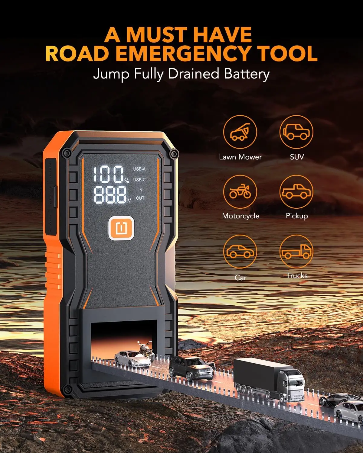 6000A Jump Starter for All Gas/12L Diesel, 12V Portable Car Battery Jumper with LED Display, USB & Type-C view 3