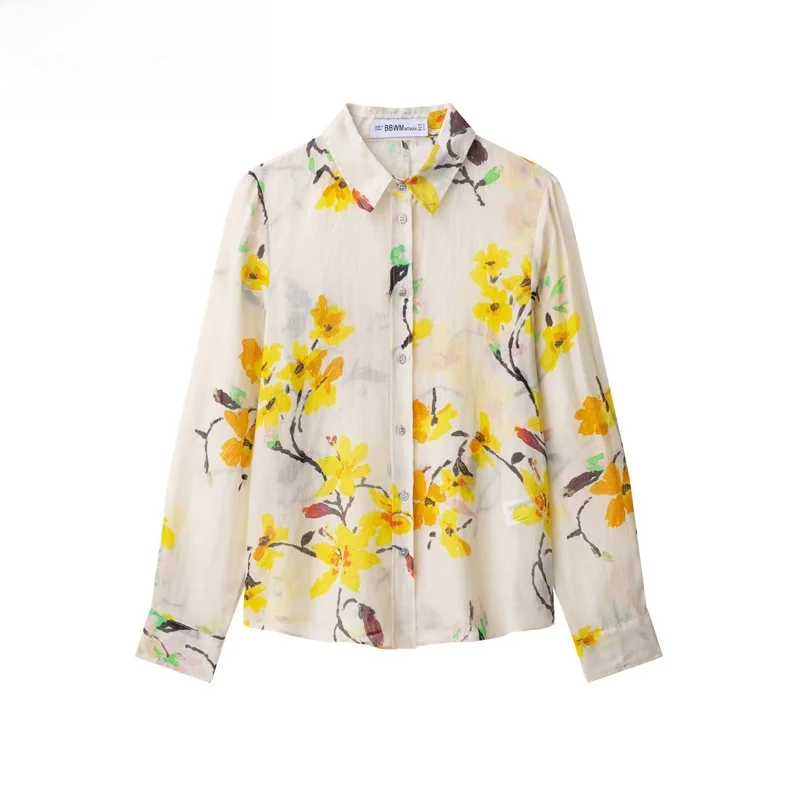

ZBZR Spring New Faionable Linen Flower Long Sve irt Women's Casual Loose Polyester Fiber Printed Button up irt