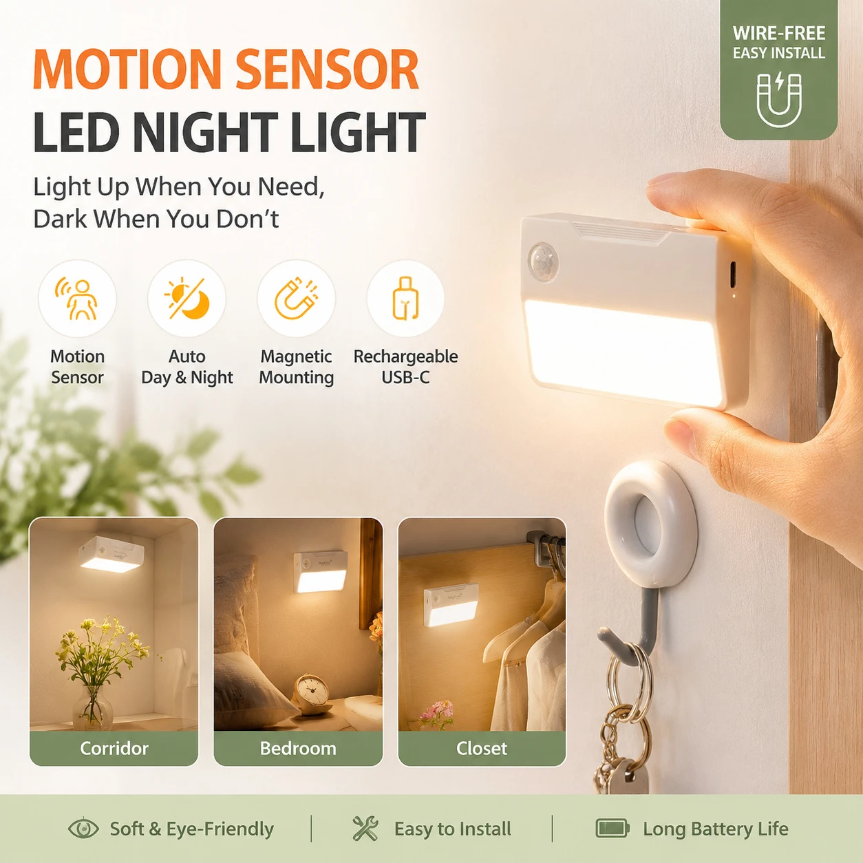 Nighttime Human Body Automatic Induction Light: Lights Up , Bedroom Bedside Charging Smart Night Light for Doorstep Entry