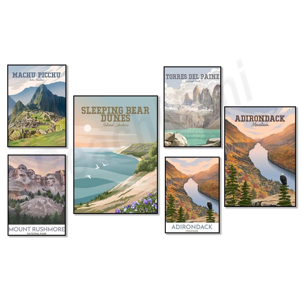 Niagara Falls, Mount Rushmore, Lower Peninsula of Michigan, Torres del Paine, Machu Picchu, Adirondack Mountains travel poster