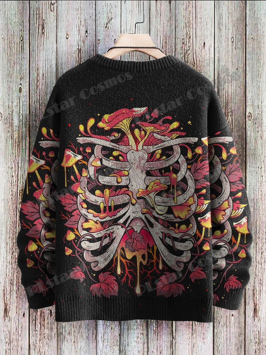 Funny Skeleton Mushroom Art Pattern Halloween 3D Printed Men's Knitted Pullover Winter Unisex Casual Knit Pullover Sweater ZZM83