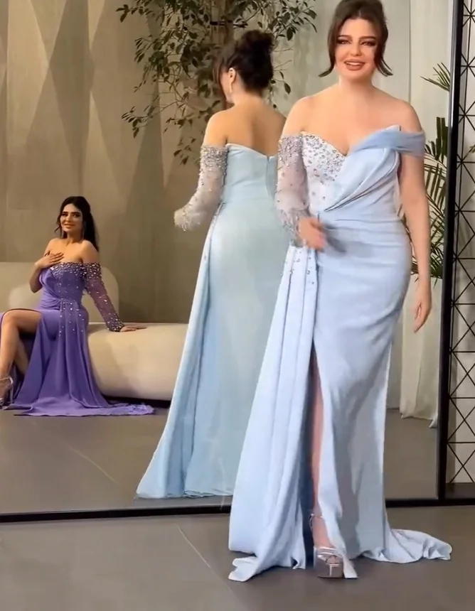 Azul V Neck Cristal Manga Longa Vestidos de Baile, Plissado Beading, Vestidos de Noite Formais Chiffon, Fenda, Mulheres Árabes, 2020