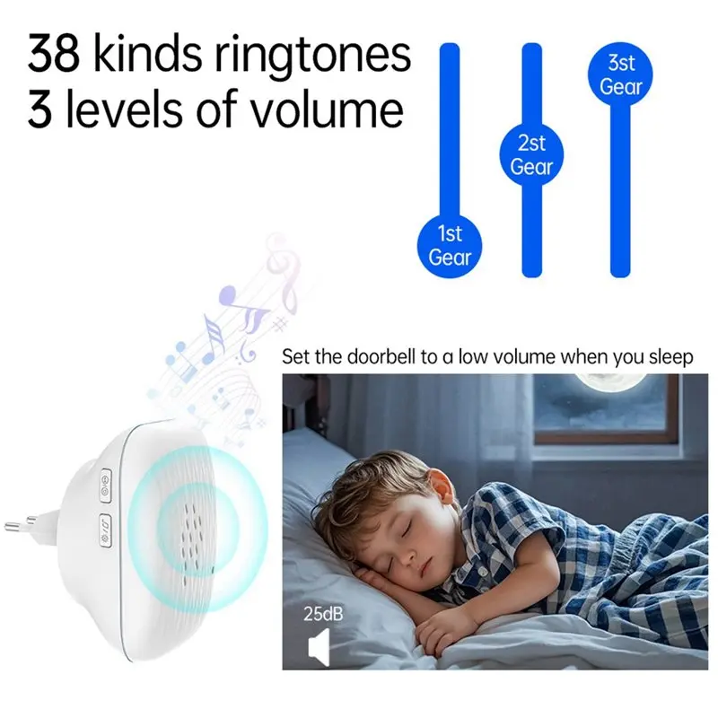 ABKJ-Mini Volume Adjustment Wireless Doorbell Waterproof RF433 Multiple Ringtones Silent Smart Home EU-PLUG