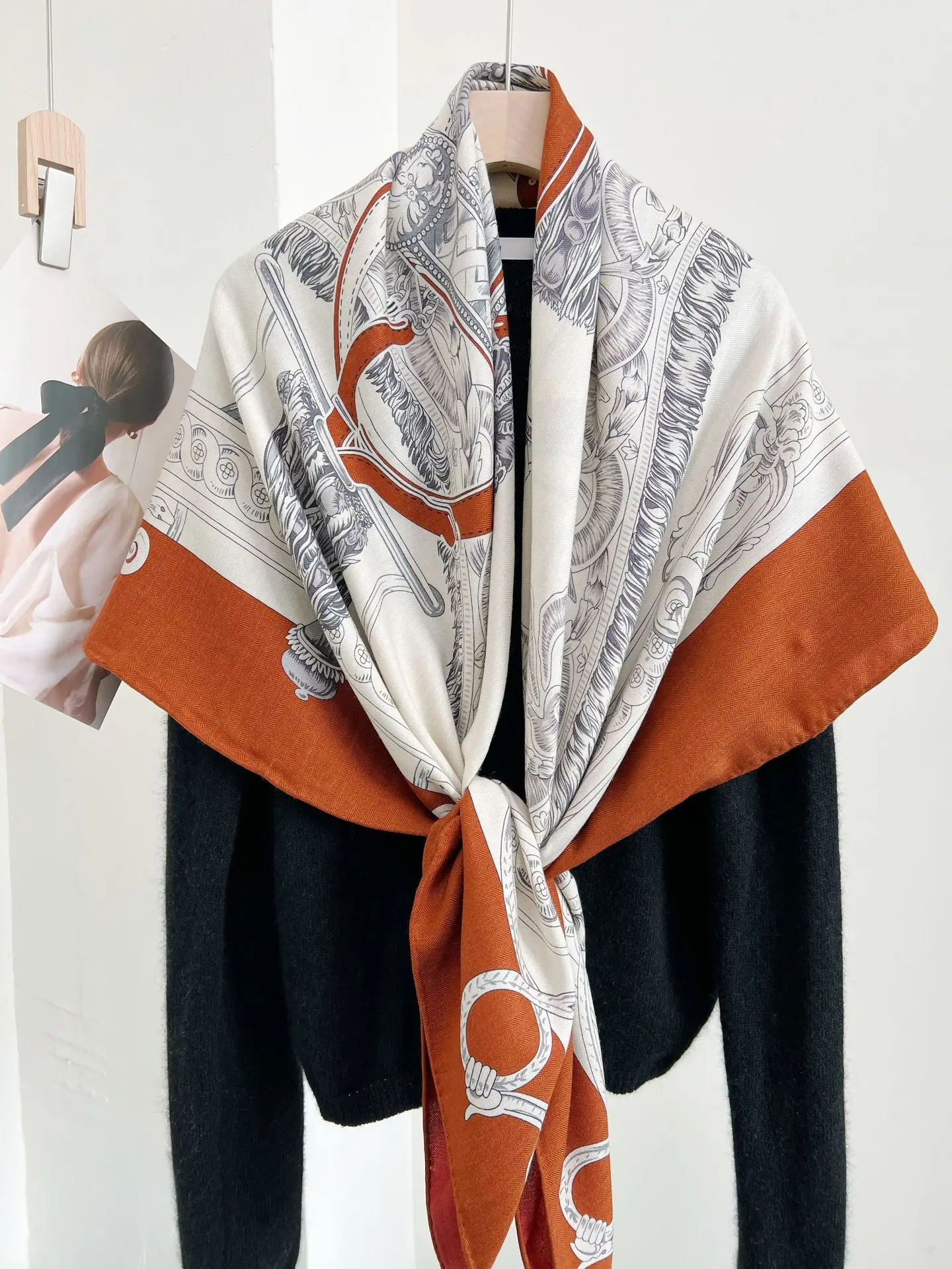 Harness Double-sided Print Wool Silk Scarf Designer Luxury Rolled Edges Shawl Square AB Scarves Warm Cape Winter Accessories