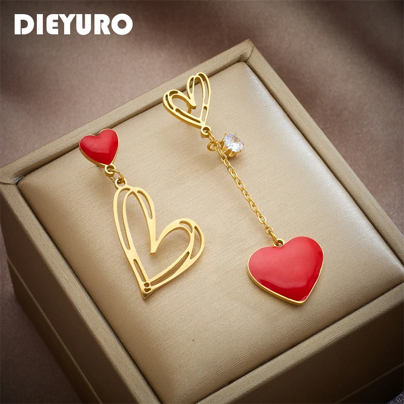 DIEYURO 316L Stainless Steel Red Heart Zircon Drop Earrings For Women Fashion Girls Asymmetric Ear Jewelry Party Birthday Gifts