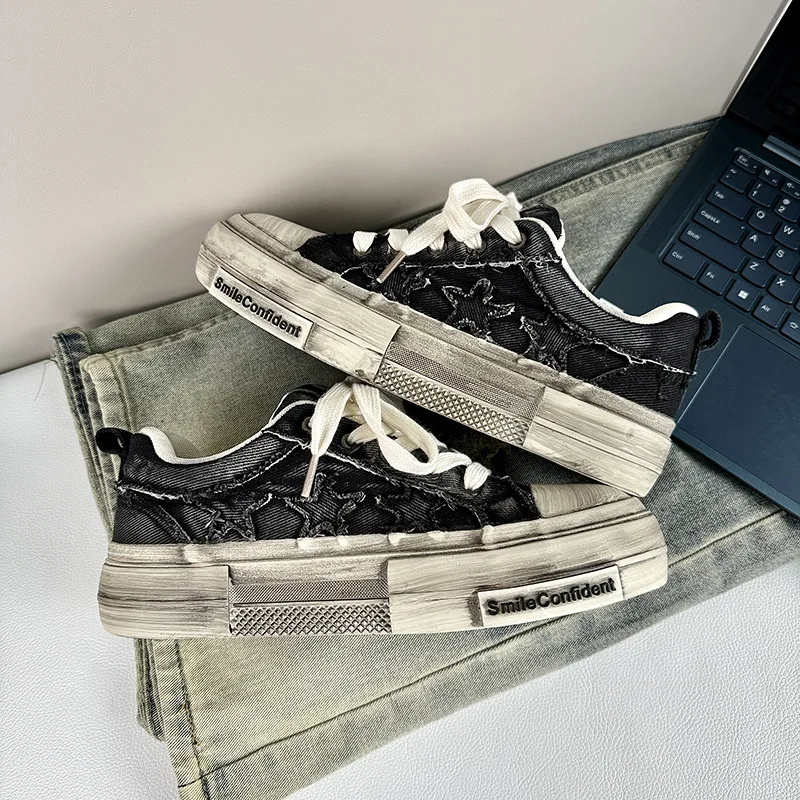 

Retro Platform Canvas Sneakers Man Dirty Black Low-cut Men's Vulcanize Shoes Star Designer Casual Sneakers Men Skateboard Shoes