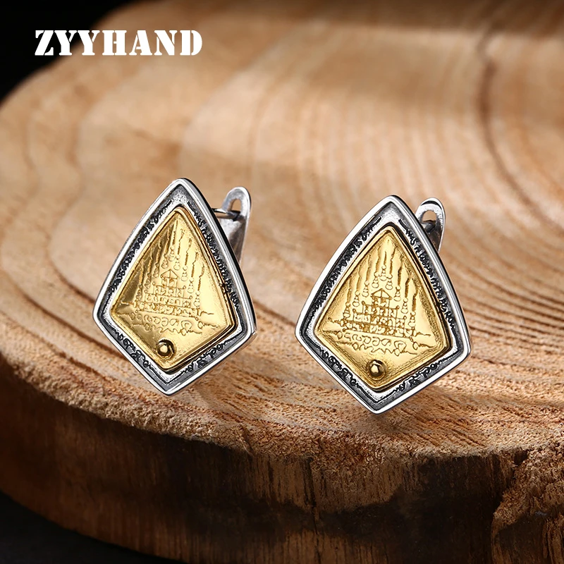 

S925 Sterling Silver Buddhism Hoop Earrings Lection Rhombus Unisex Religionary Fine Jewelry FY453