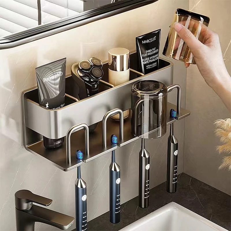 Bathroom Toothbrush Holder Wall Mounted Aluminum Toothbrush And Cup Holder Cosmetics Storage Shelf Rack Bathroom Accessories